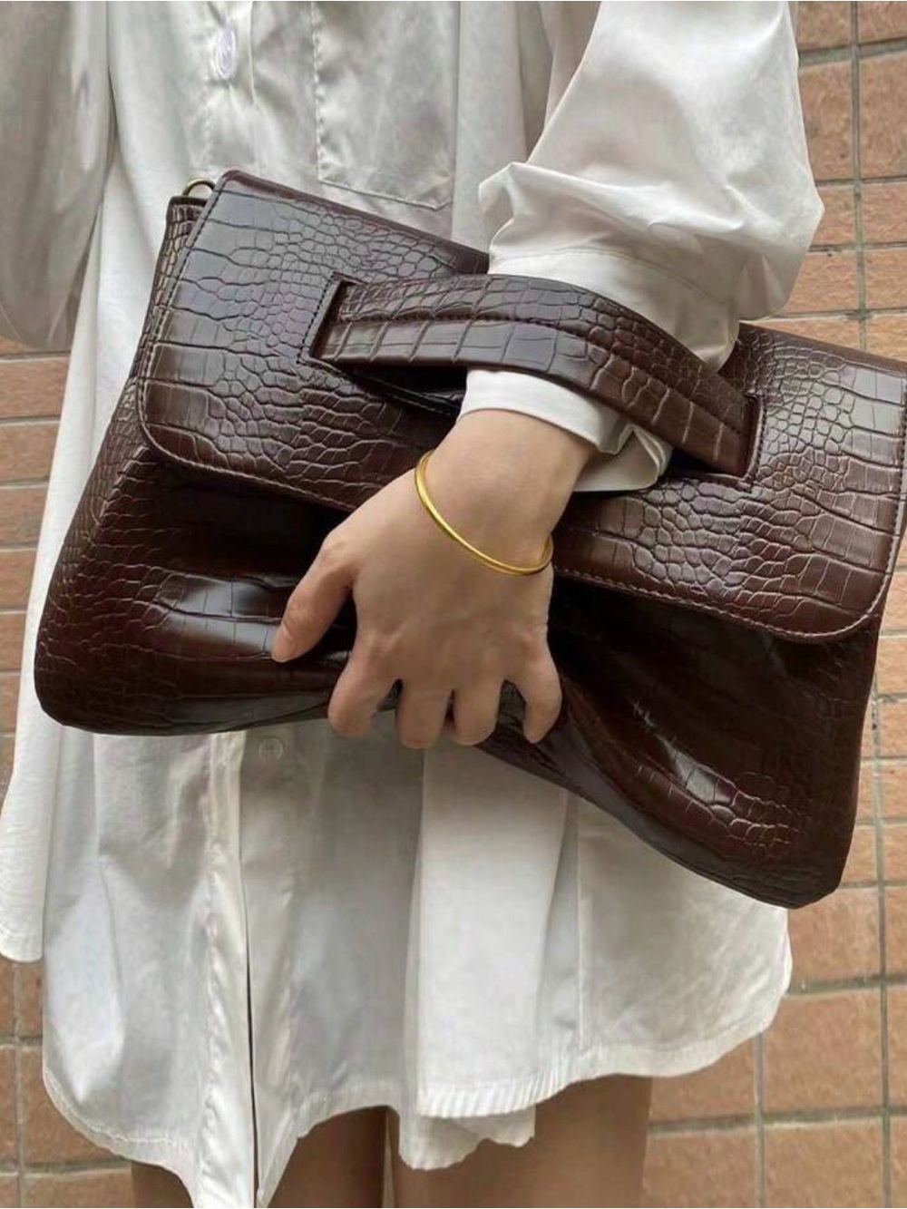Brown Croc-Embossed vegan Leather Clutch Bag with removable shoulder strap